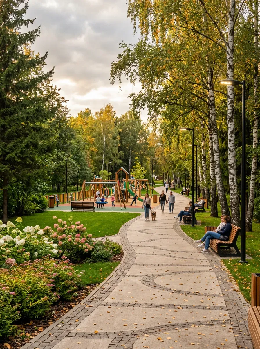 Осенний парк с прогулочной дорожкой, скамейками и детской площадкой.