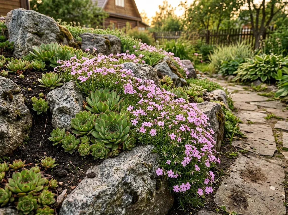 Каменистая клумба с суккулентами и нежными розовыми цветами.
