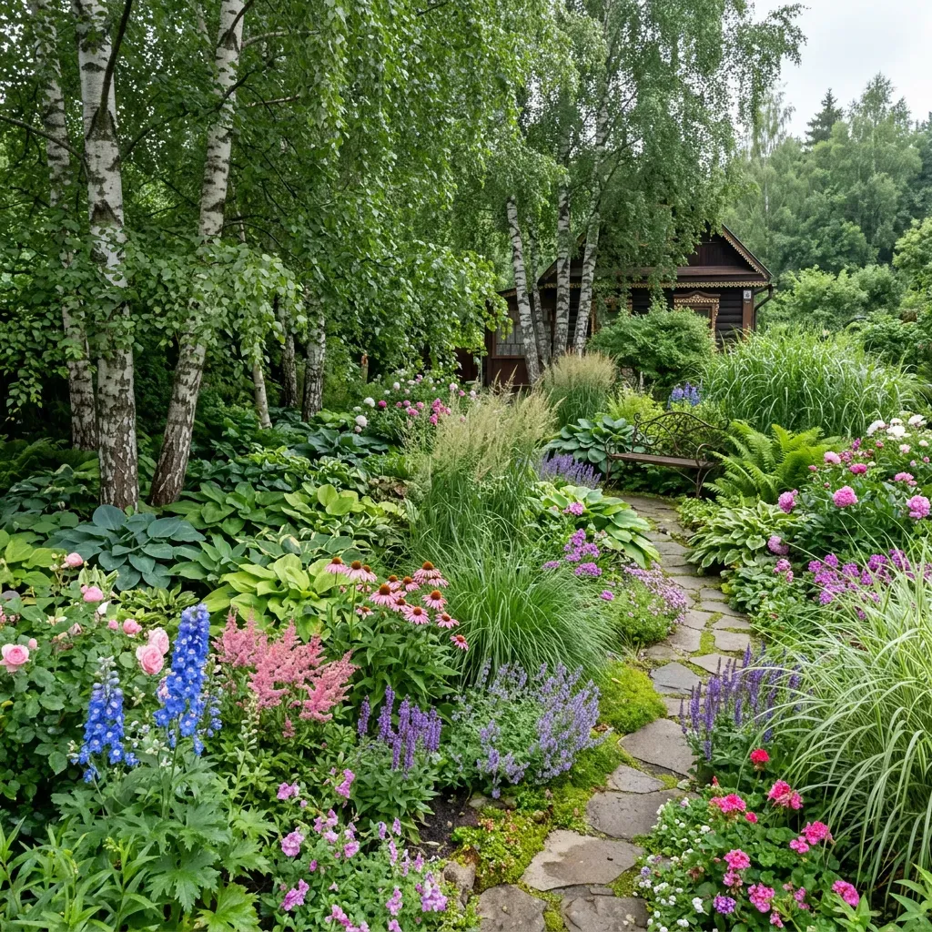 Цветущий сад с берёзами, каменной тропинкой и деревянным домом.