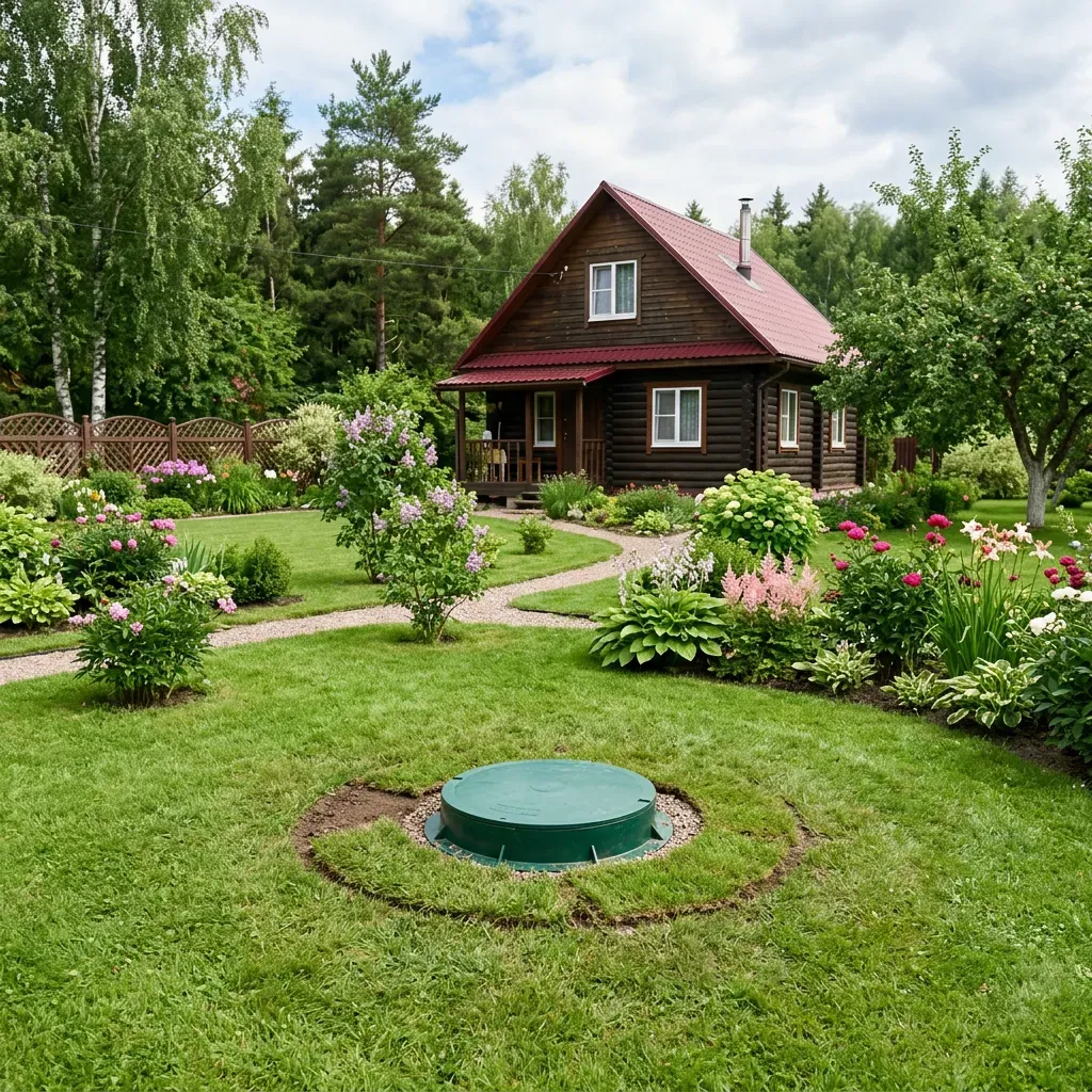 Деревянный дом с цветущим садом и зелёным септиком.