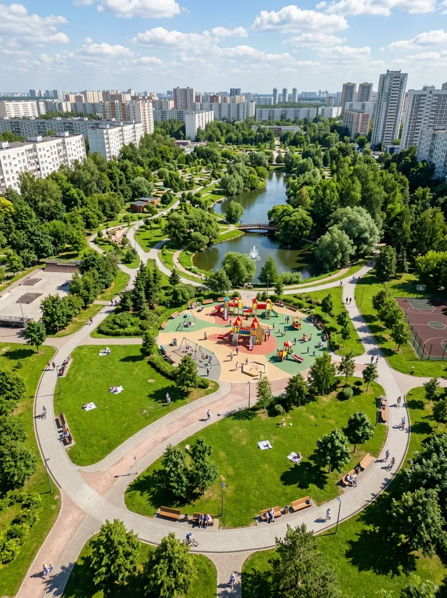 Зелёный городской парк с прудами, дорожками и детской площадкой.