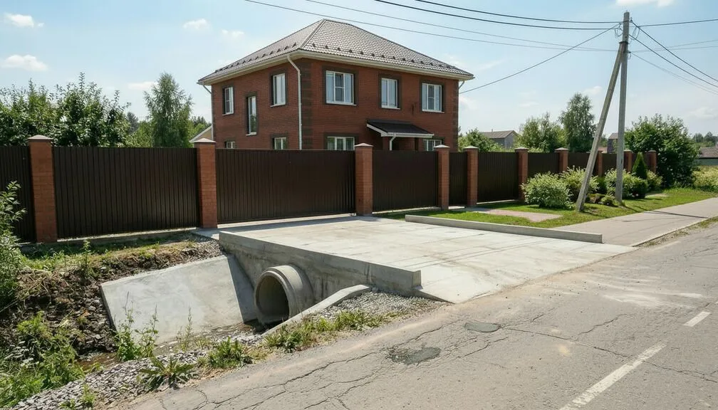 Двухэтажный кирпичный дом за забором у дороги с канавой.