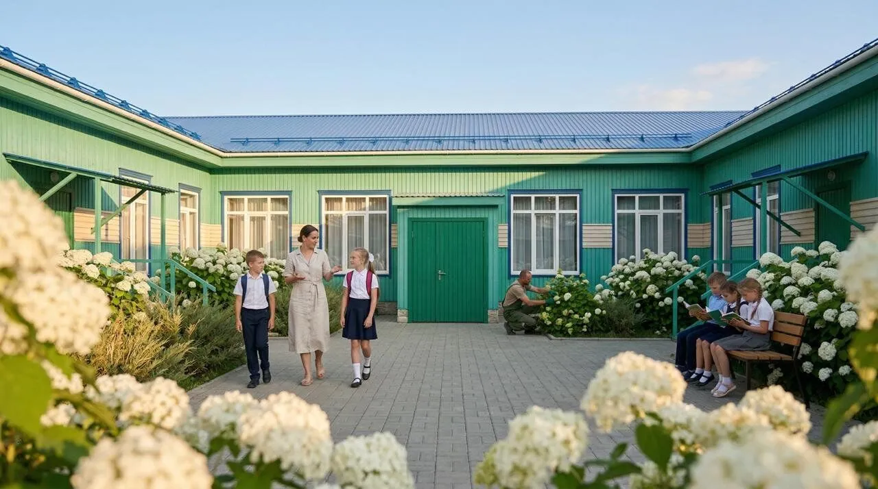 Учительница с детьми во дворе школы среди цветущих гортензий.