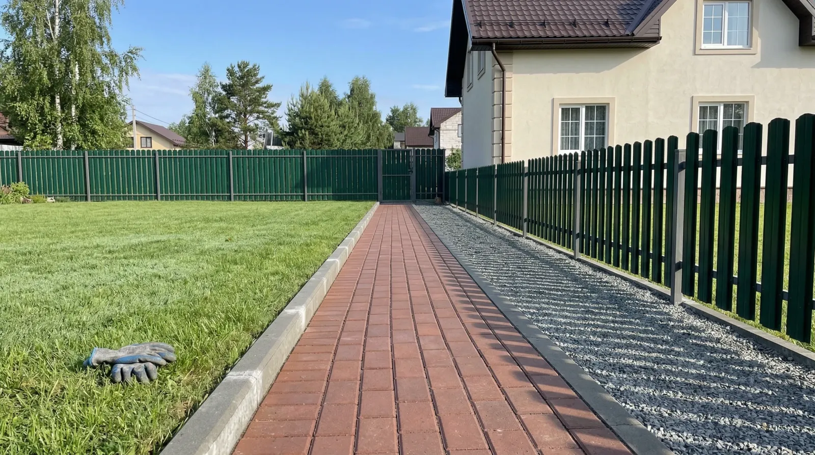 Кирпичная дорожка вдоль зелёного забора и ухоженного газона.