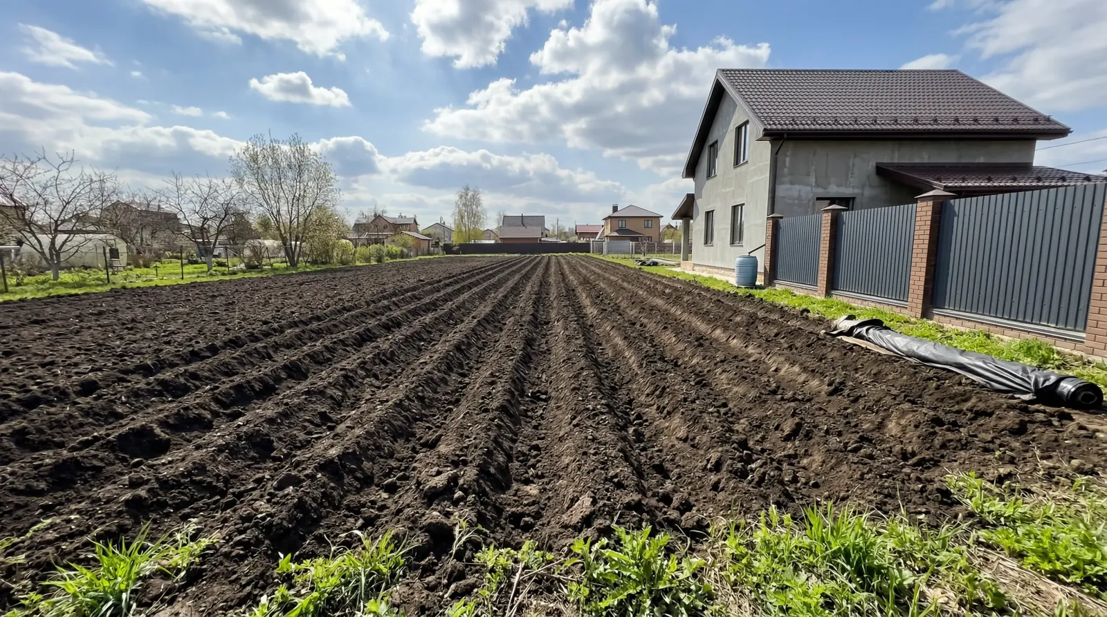 Вспаханный огород с ровными грядками возле загородного дома.