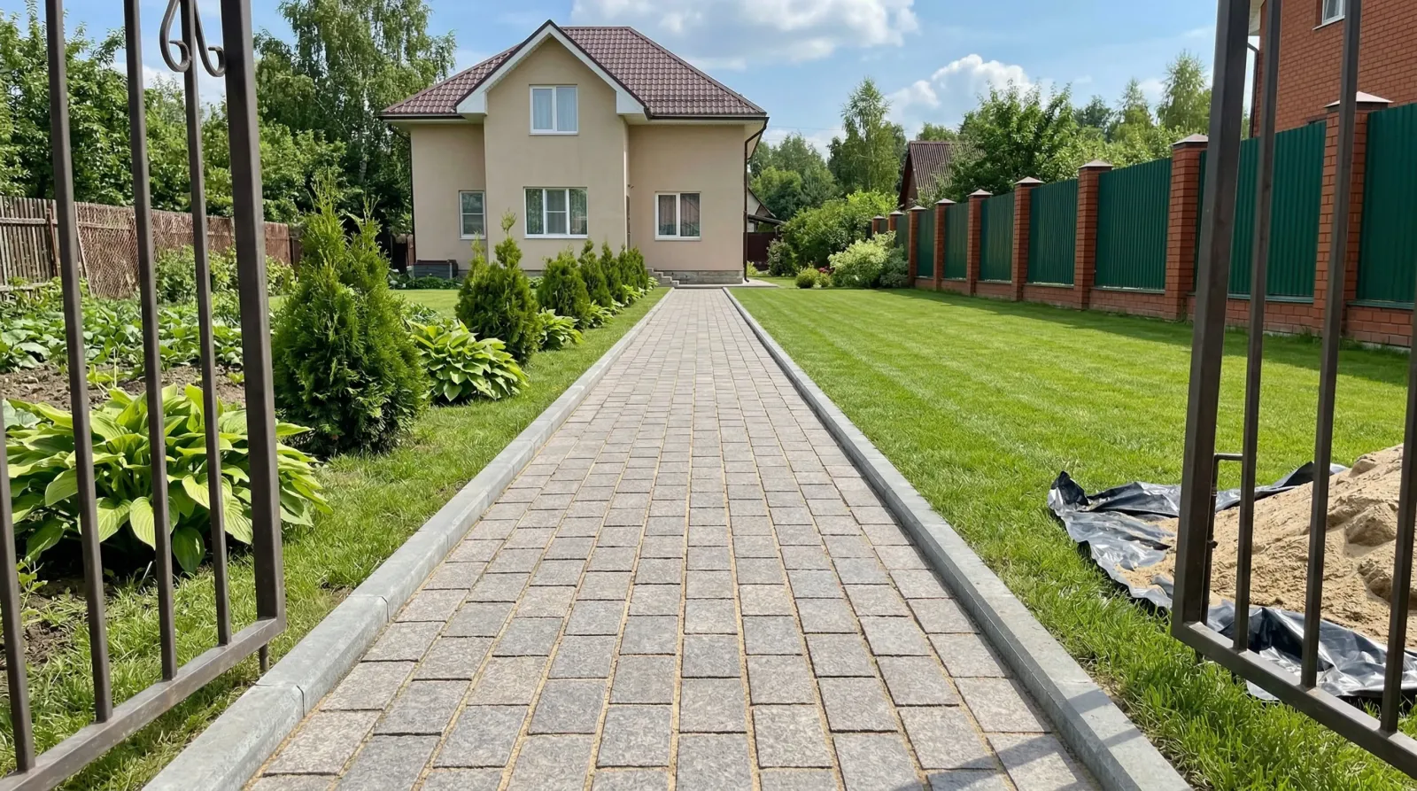 Мощёная дорожка ведёт через ухоженный сад к загородному дому.