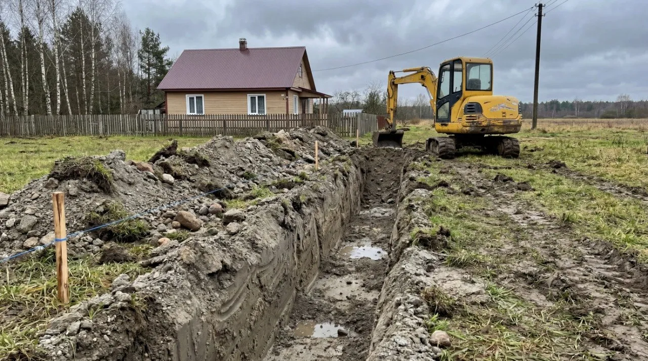 Экскаватор роет траншею рядом с загородным домом.
