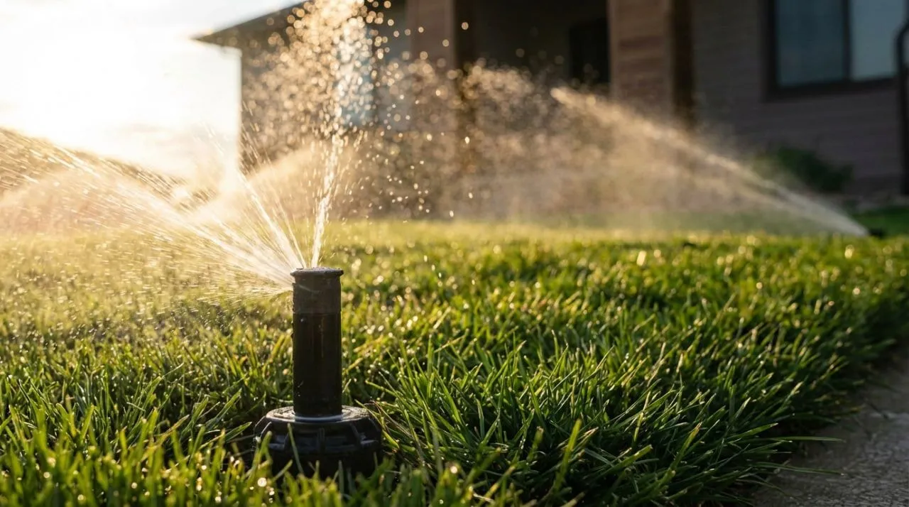Газонный дождеватель поливает траву в лучах солнца.