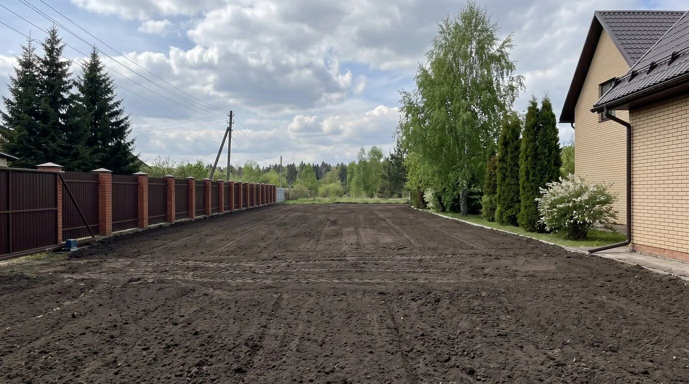 Разровненный участок между кирпичным домом, забором и деревьями.