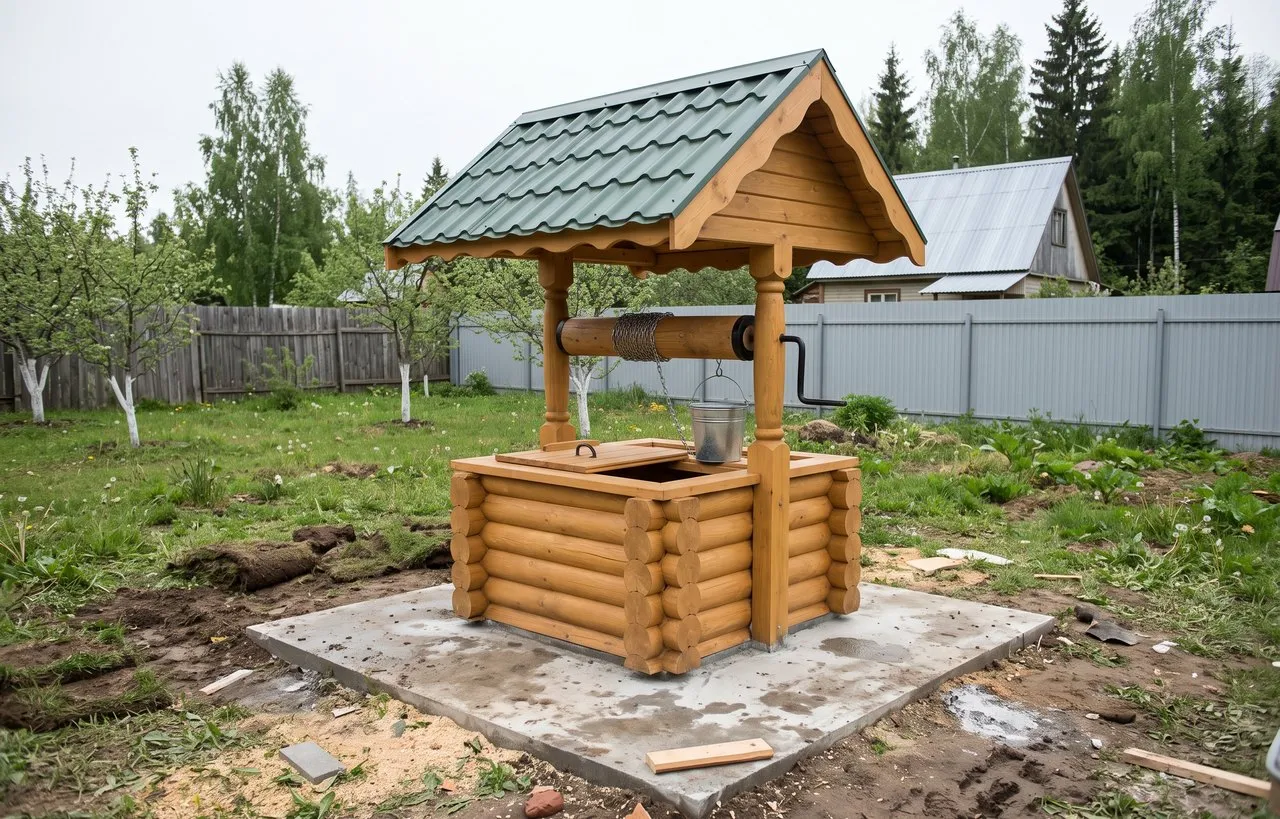 Деревянный колодец с зелёной крышей во дворе.