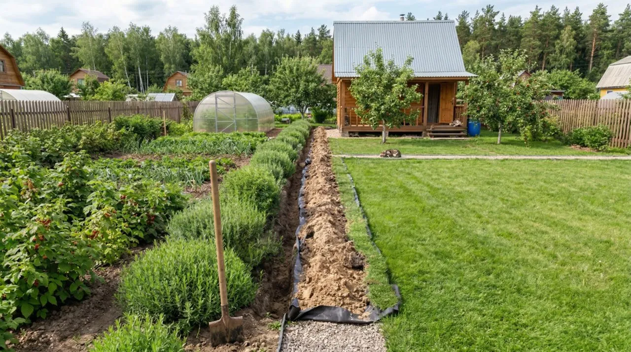 Ухоженный дачный участок с огородом, теплицей и деревянным домиком.