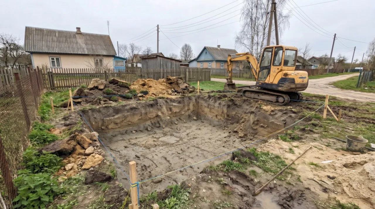 Экскаватор рядом с котлованом на участке в деревне.