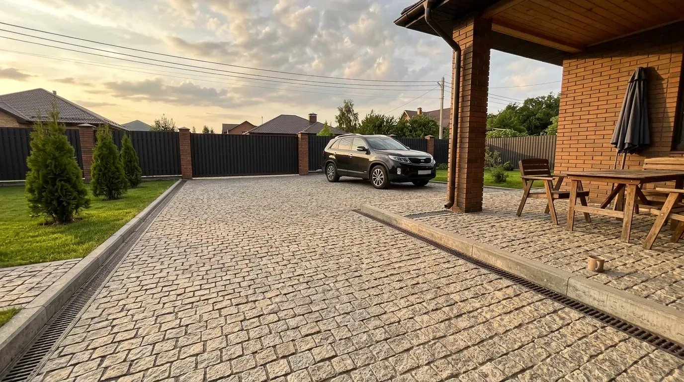 Вымощенный двор кирпичного дома с автомобилем и зоной отдыха.
