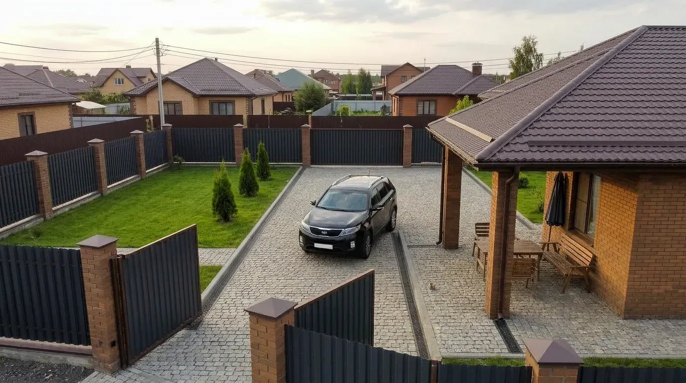 Кирпичный дом с благоустроенным двором и припаркованным автомобилем.