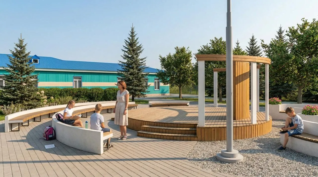 Учительница и школьники отдыхают во дворе благоустроенной школы.
