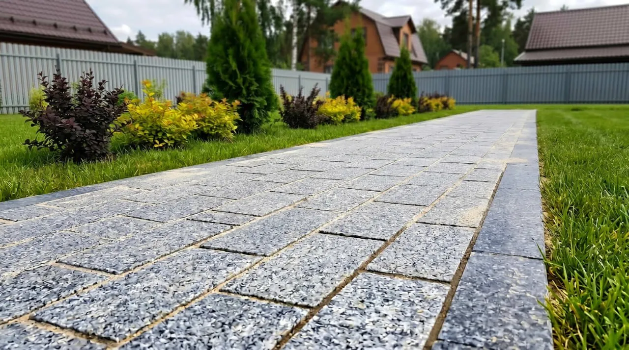 Садовая дорожка из серой плитки среди газона и кустарников.