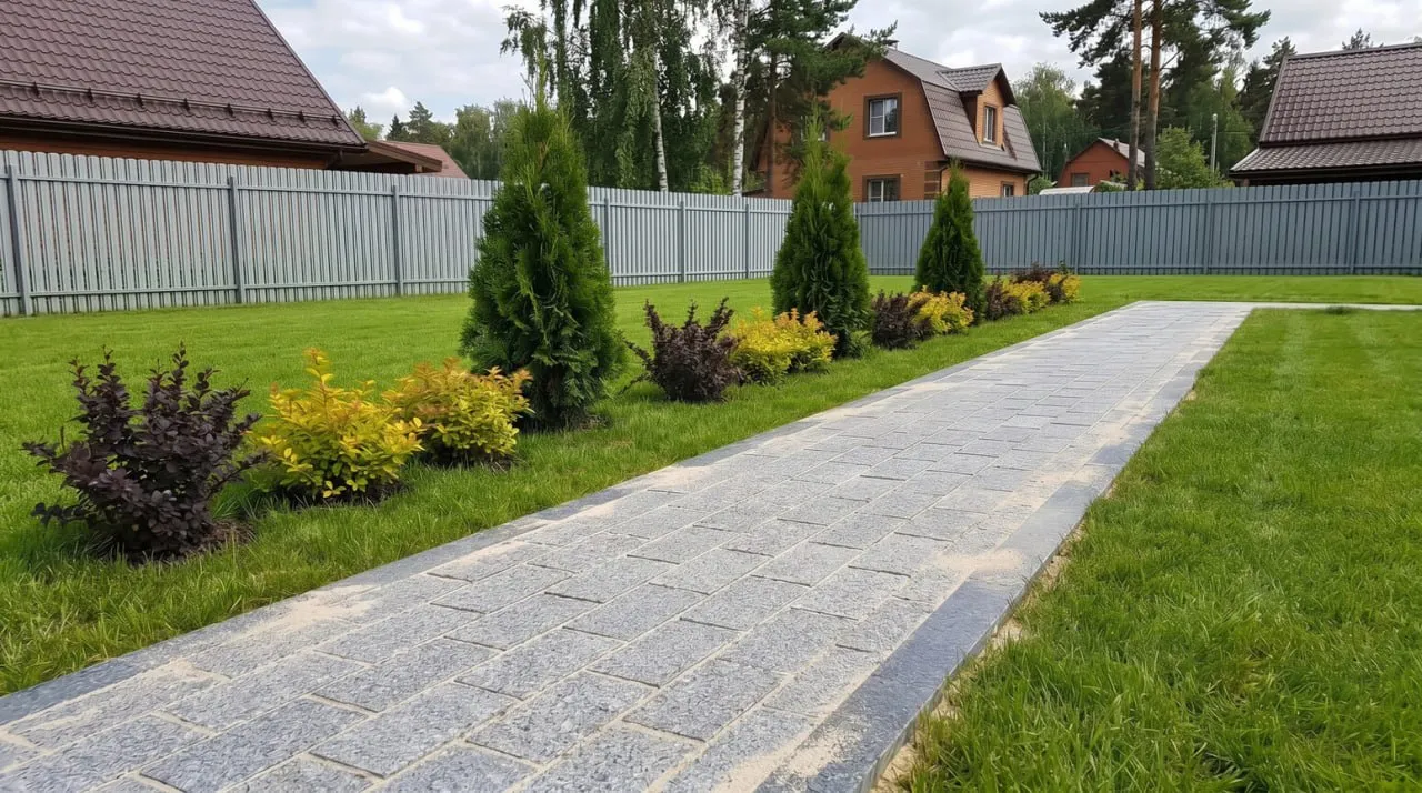 Мощёная дорожка среди газона, хвойных деревьев и кустарников.