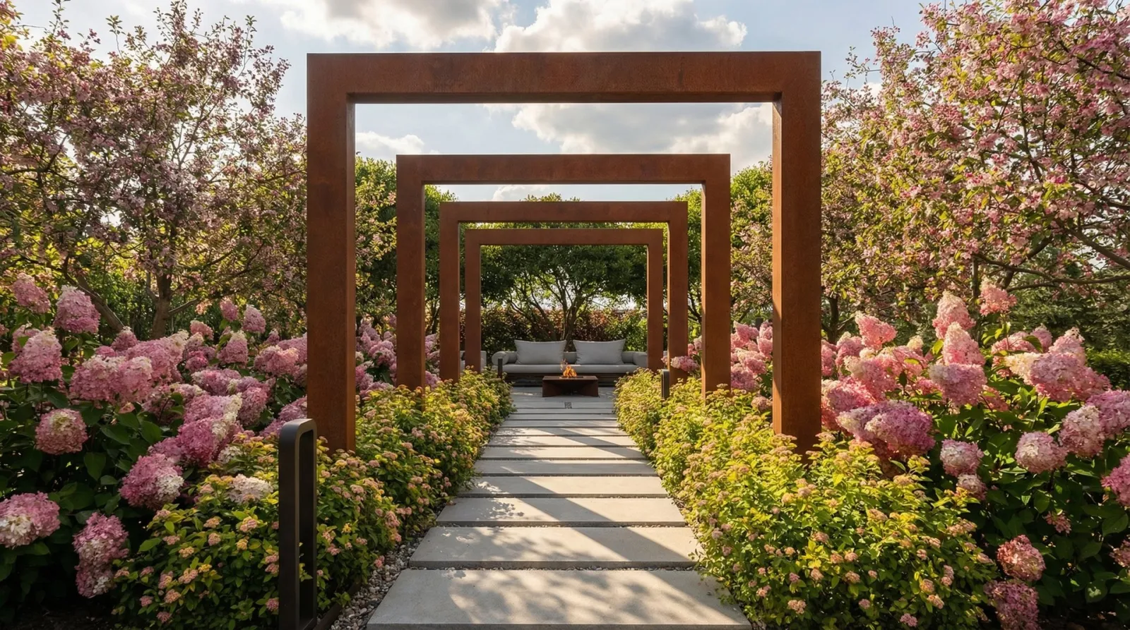 Садовая дорожка среди цветущих гортензий и прямоугольных арок.