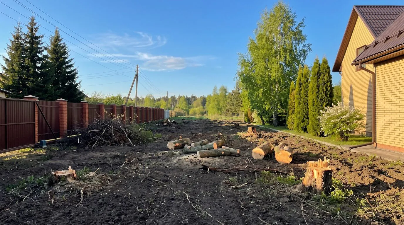 Вырубленные деревья и пни на участке возле загородного дома.