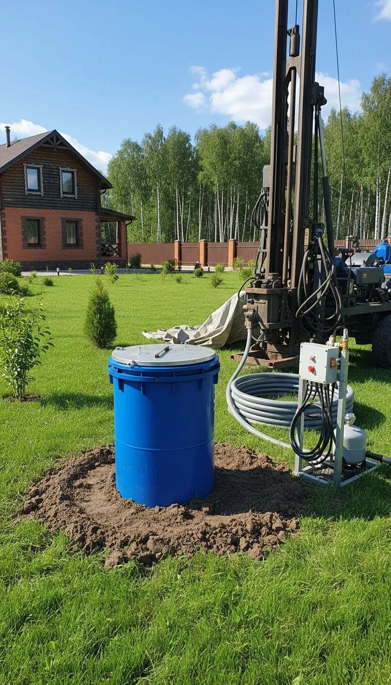 Буровая установка рядом с синим кессоном на загородном участке.